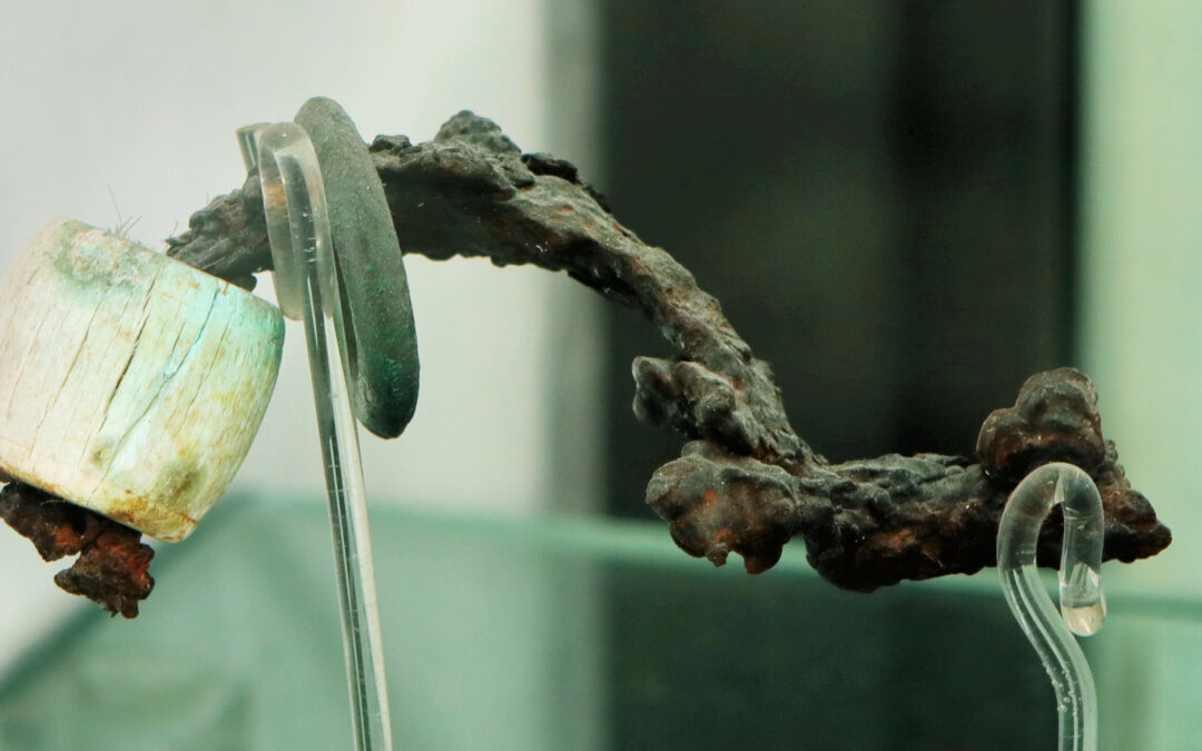 Fibula di ferro con arco rivestito con anelli di bronzo ed osso
